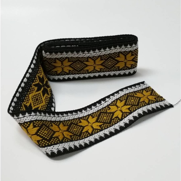 Vintage 70s Floral Jacquard Trim 2" Wide, Boho Black White Brown Gold Woven Trim - Picture 4 of 5